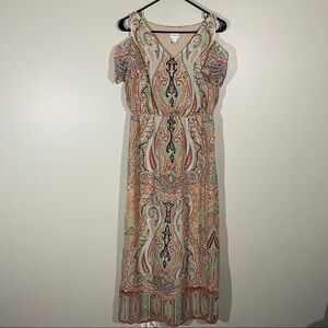 Chicos 0 Maxi Dress Beige Paisley Cold Shoulder